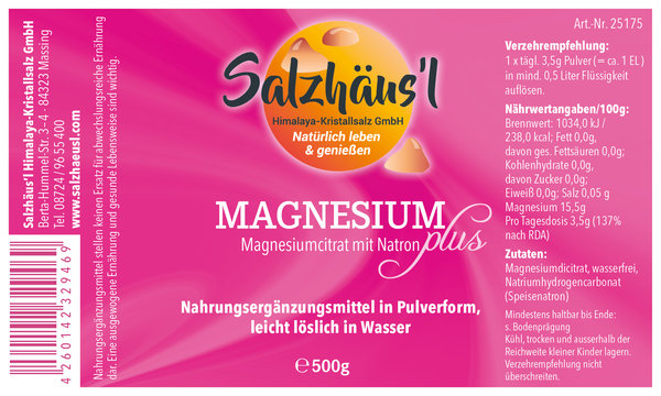 Magnesium PLUS Natron SALZHÄUS`L Pulver 500 g, Magnesium-Citrat