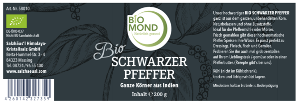 Bio Schwarzer Pfeffer ganze Körner von BIOMOND 200 g Piperin